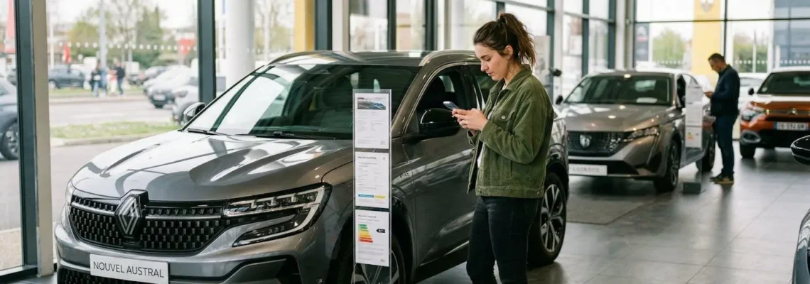 Un jeune homme concentré consulte son téléphone devant un véhicule dans une concession automobile moderne, environnement lumineux et contemporain