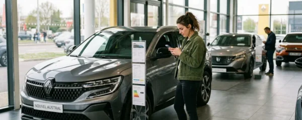 Un jeune homme concentré consulte son téléphone devant un véhicule dans une concession automobile moderne, environnement lumineux et contemporain