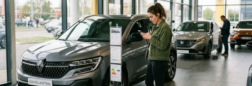 Un jeune homme concentré consulte son téléphone devant un véhicule dans une concession automobile moderne, environnement lumineux et contemporain