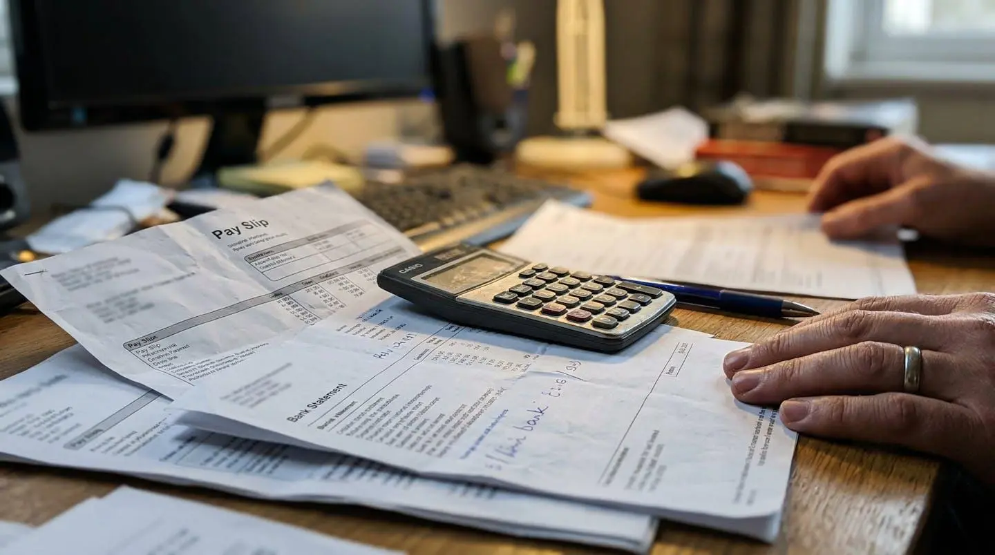 Gros plan sur des fiches de paie et relevés bancaires posés sur un bureau à domicile avec une calculatrice, lumière naturelle de lampe de bureau