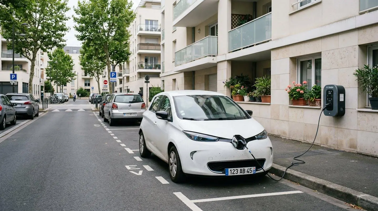 Véhicule électrique branché à une borne de recharge dans un parking résidentiel urbain français, environnement contemporain