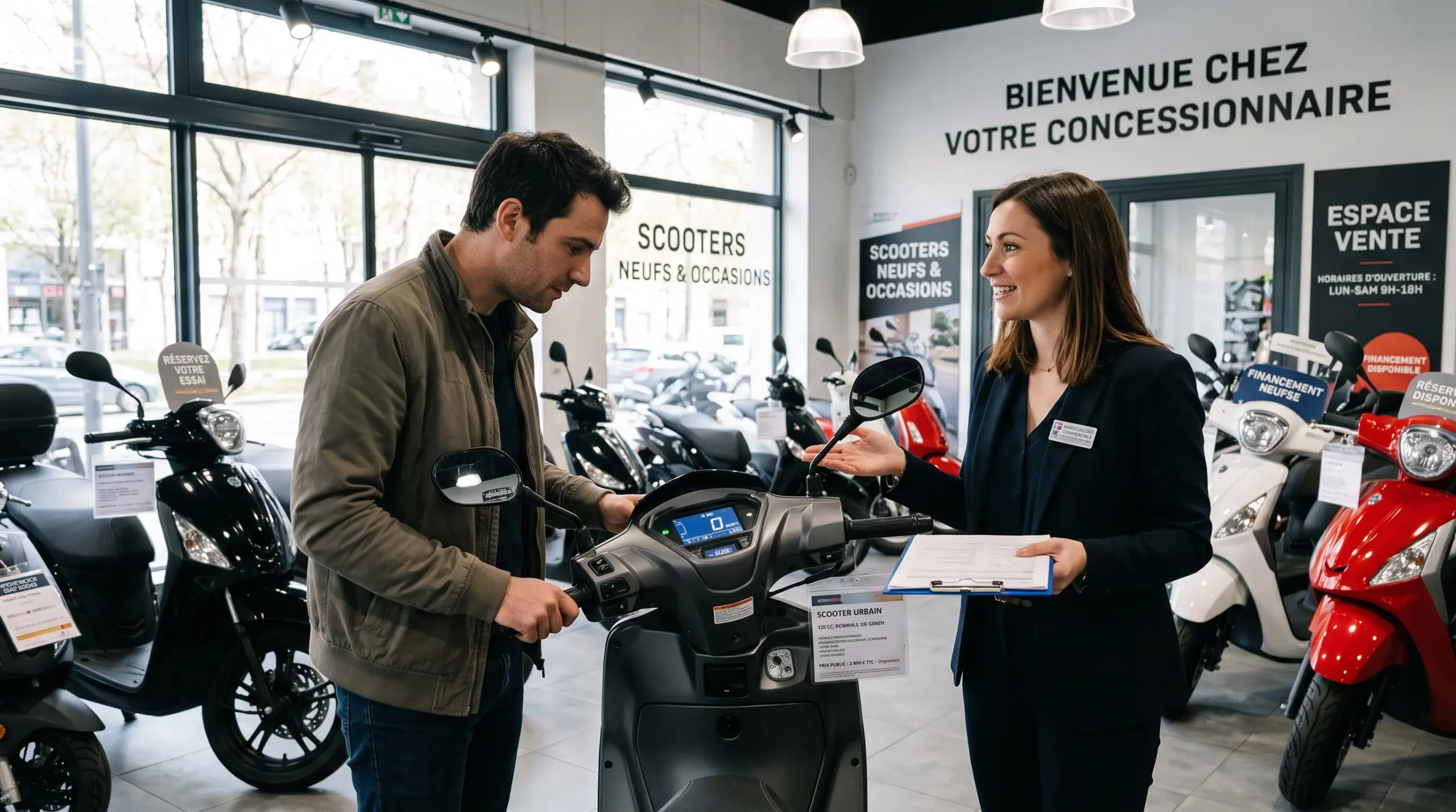 Client inspectant un scooter neuf accompagné d'un conseiller dans un showroom de concessionnaire deux-roues