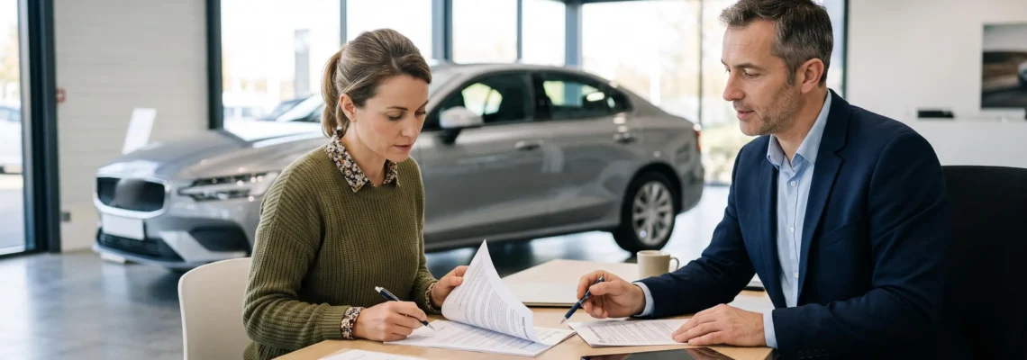 Un client signe des documents de financement automobile avec un conseiller dans une concession