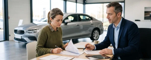 Un client signe des documents de financement automobile avec un conseiller dans une concession