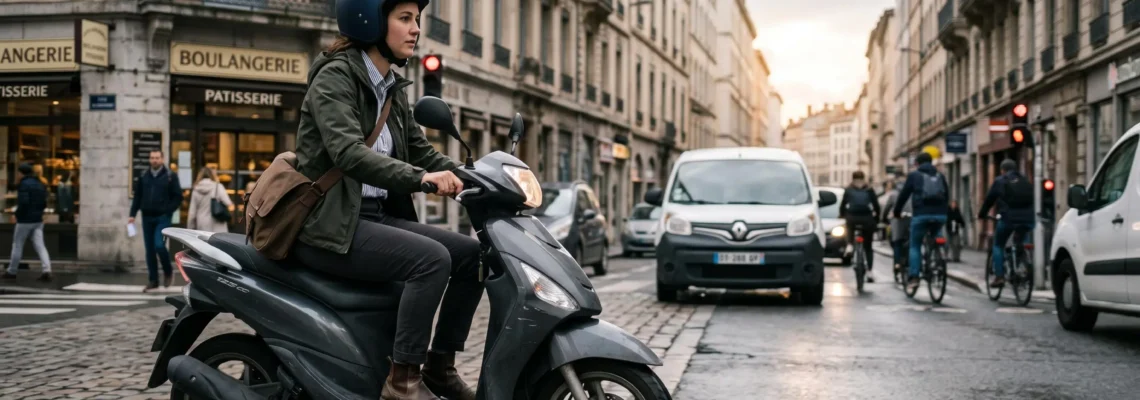 Jeune urbain conduisant un scooter 125cc dans une rue de ville française en situation de déplacement quotidien
