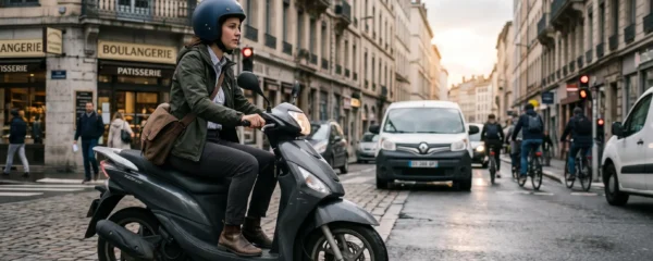 Jeune urbain conduisant un scooter 125cc dans une rue de ville française en situation de déplacement quotidien