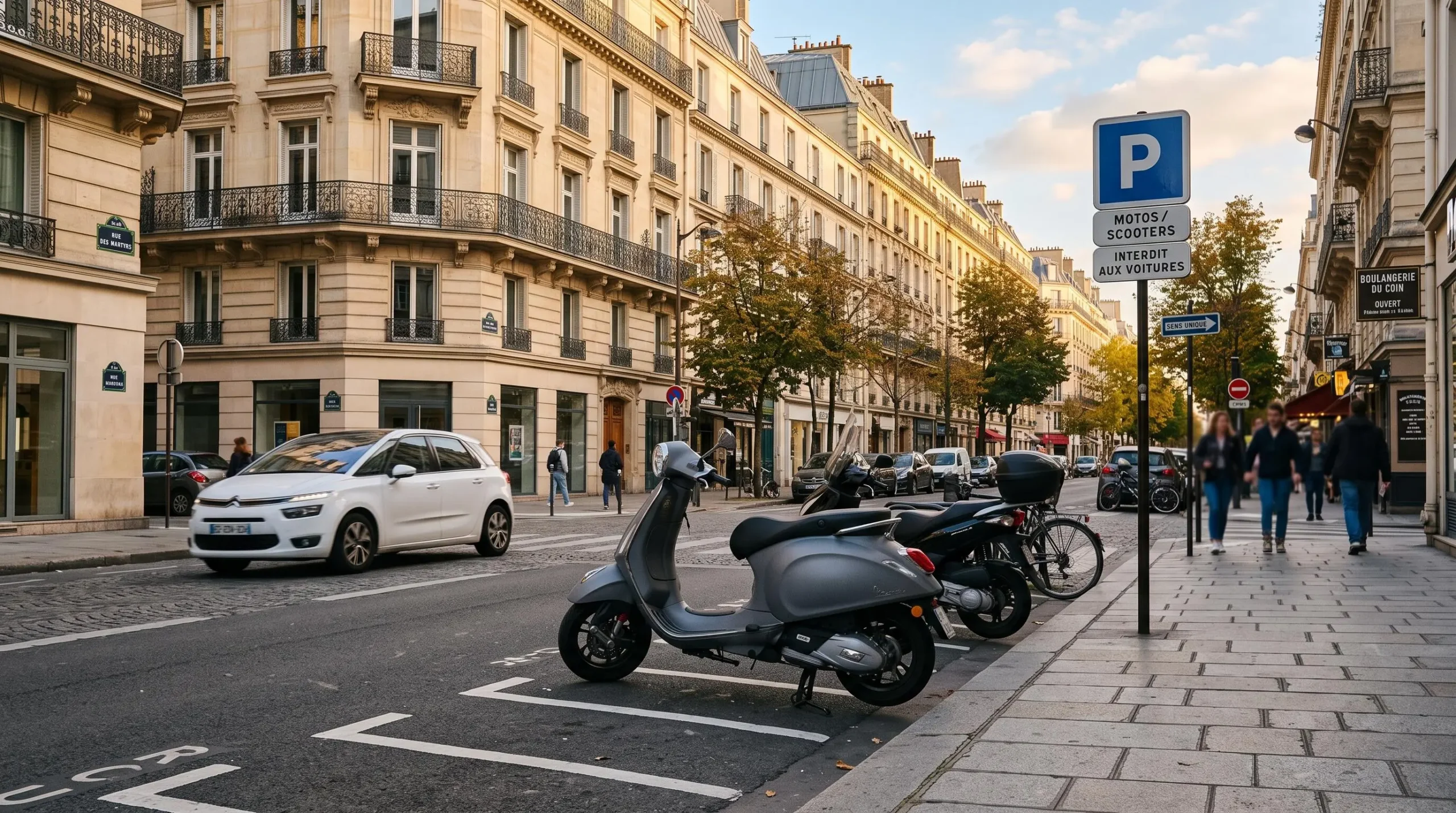 Scooter moderne stationné dans une zone de parking deux-roues sur une rue urbaine française typique